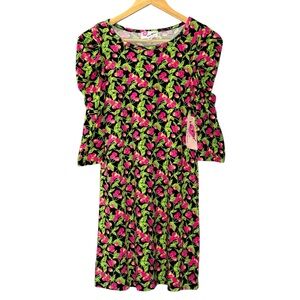 Luv Betsey Johnson dress black pink cherries puff ruched  3/4 sleeve mini XS